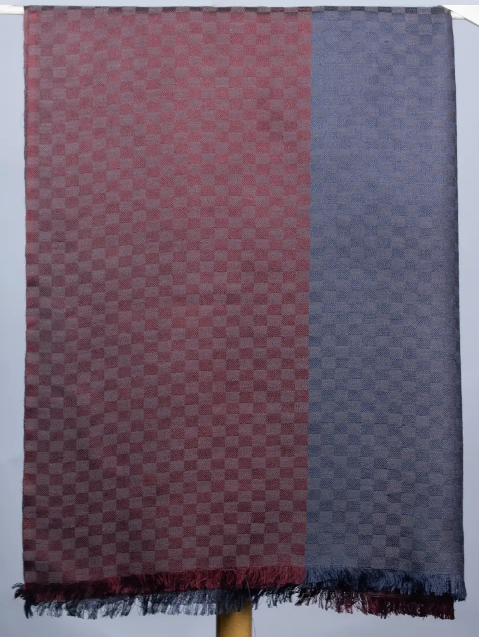Vira Cashmere Silk Wool Reversible Stole – Blue & Brown Small Check.webp