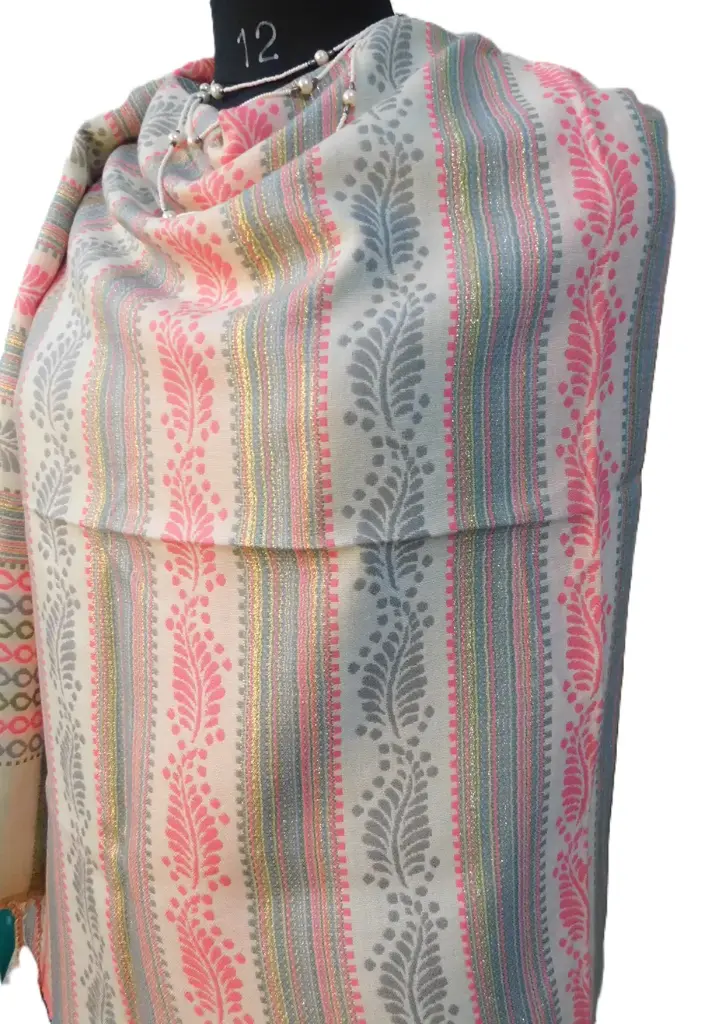 Fine Weave Cream & Bright Pink Viscose Stole for Women – Elegant Border Art with Tassels | VICST02A