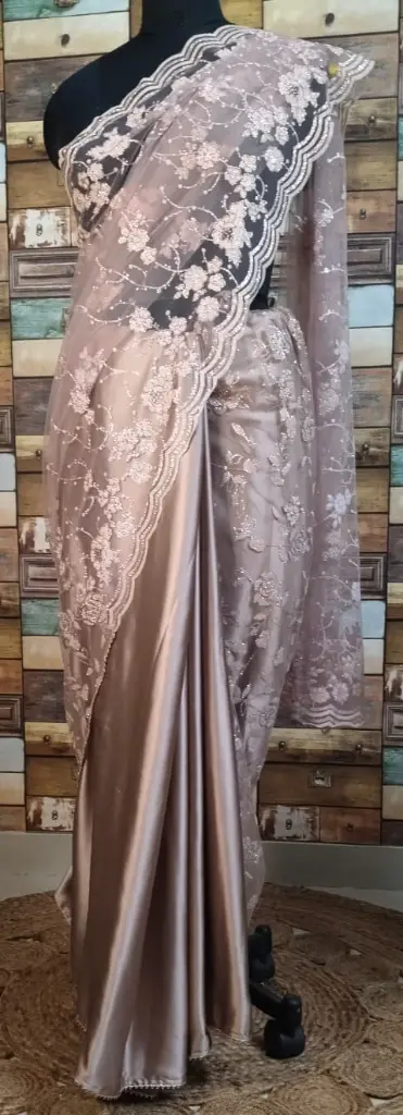 Exclusive Satin Saree with Glitter Net & Blouse Piece – Floral Design, Scalloped Border, Bead & Glitter Work | VICSAPR07