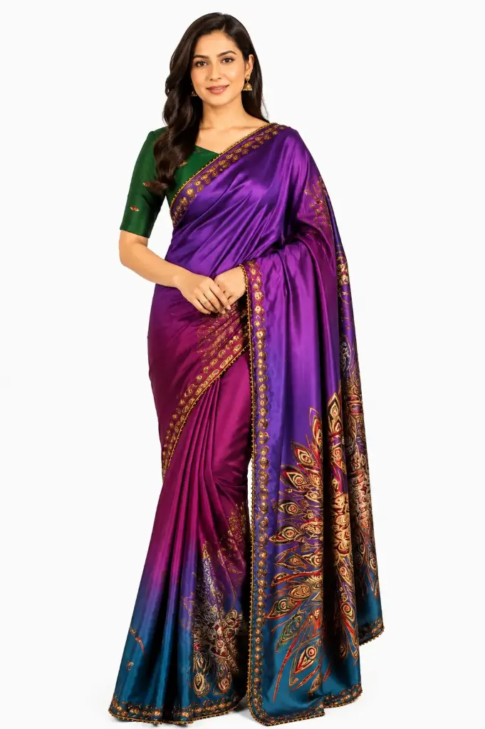 Buy Crepe Saree in Royal Blue & Navy – Screen Printed Floral Design, Premium Fabric | VICSRPC01