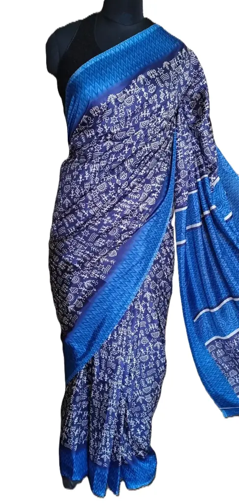 Buy Crepe Saree in Royal Blue & Navy – Screen Printed Floral Design, Premium Fabric | VICSRPC01