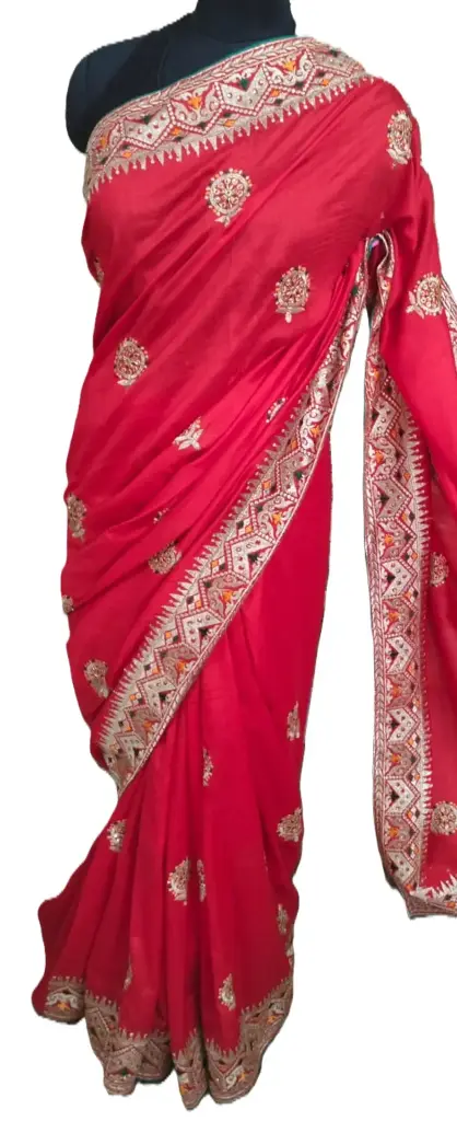 Buy Red Crepe Chanderi Saree – Embroidered Border Saree with Blouse Piece | VICSRFY01