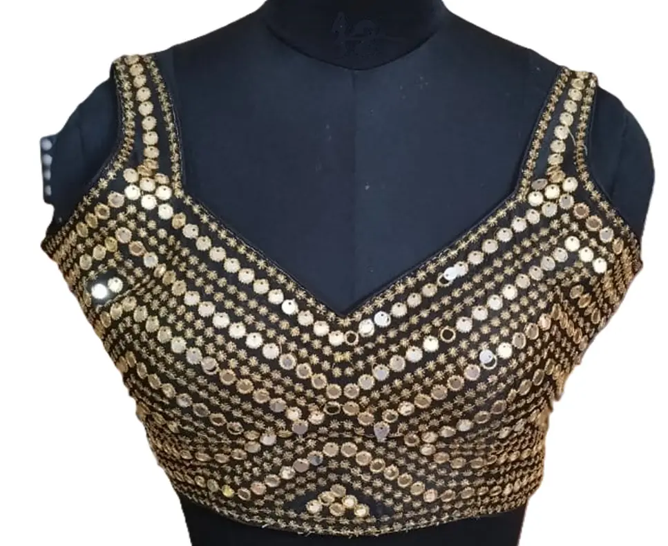 Buy Black Stitched Blouse with Mirror Work – Designer Readymade Blouse with Sleeves | VICSTBLS01