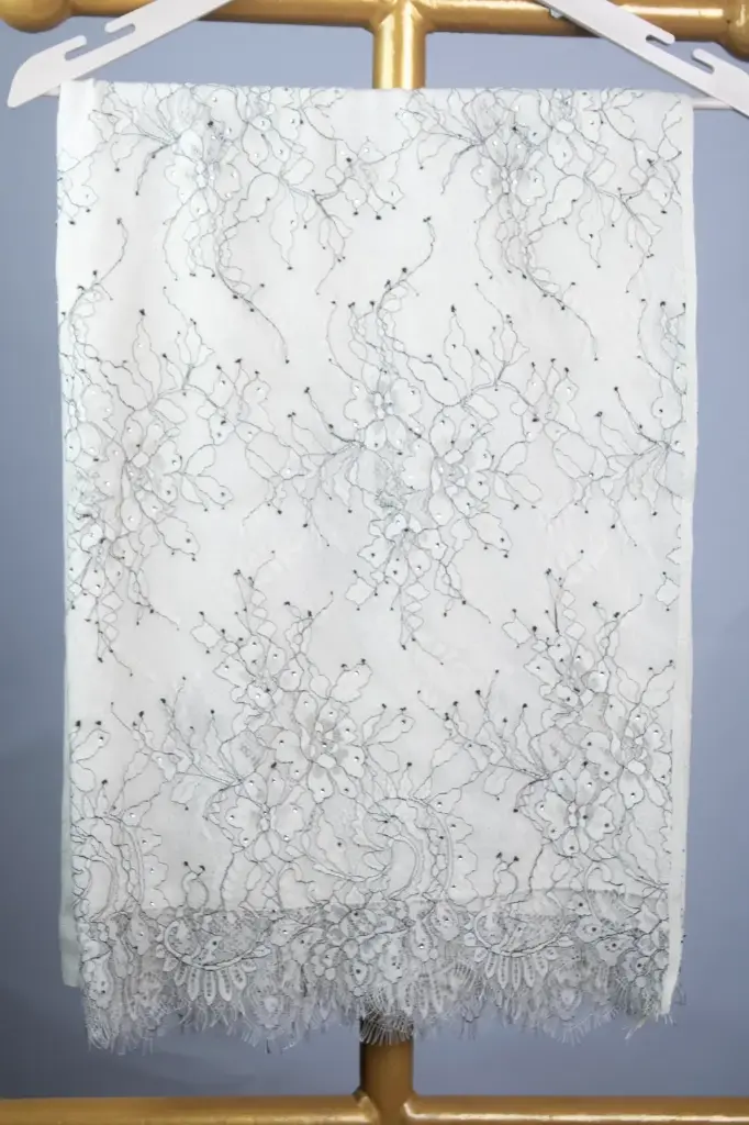 VIC Cashmere Fine Wool Stole with French Lace Border & Crystal Highlights – 70x200 cm | VIC-CFW-FLCH-70200