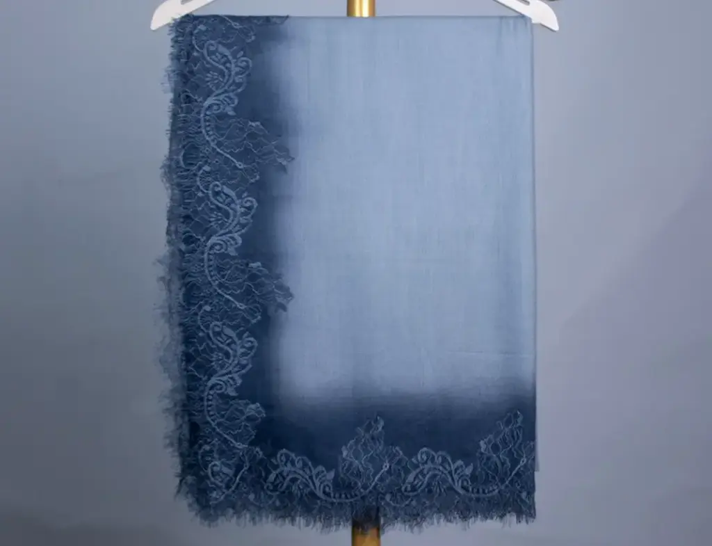 VIC Cashmere Fine Wool Ombre Grey Blue Stole with 4-Side French Lace Border, Size 70x200 cm | Product Code: VIC-CFW-OMB-FL-70200