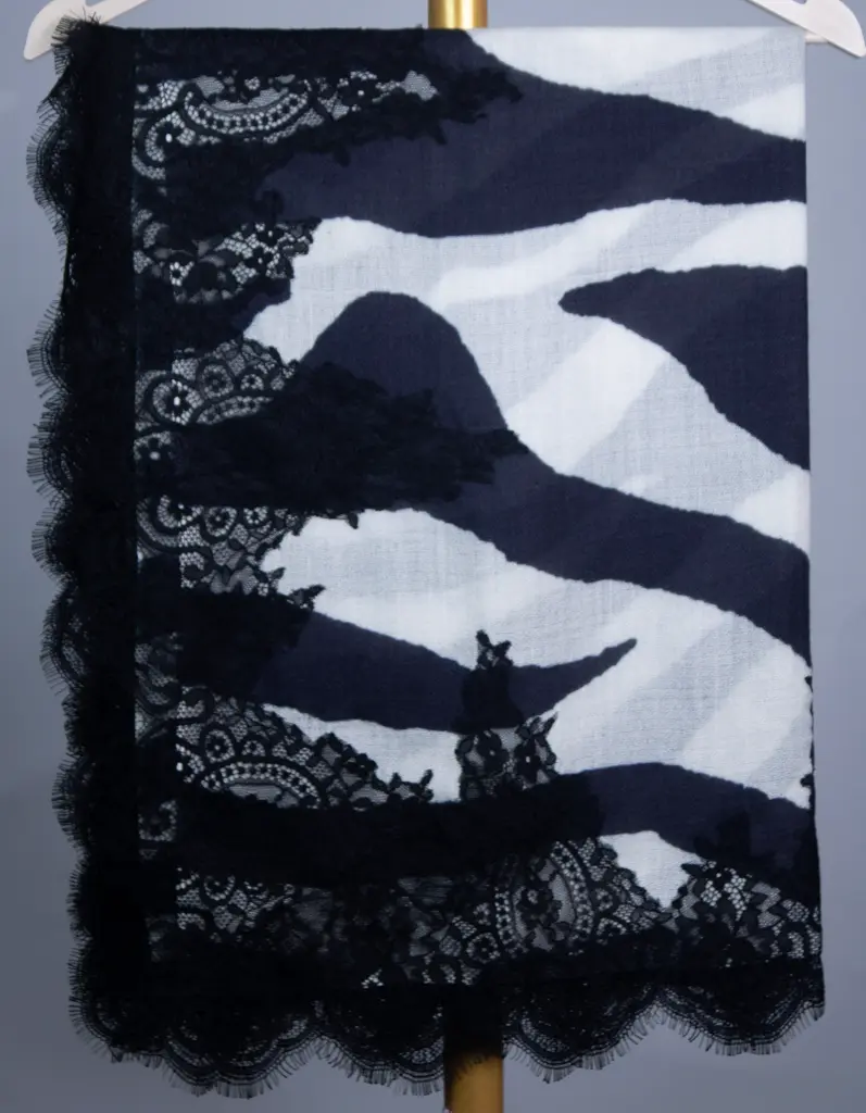 VIC Cashmere Fine Wool Scarf – Digital Print, Black & White Stripe, 4-Side Lace | 80x200cm Shawl Wrap |