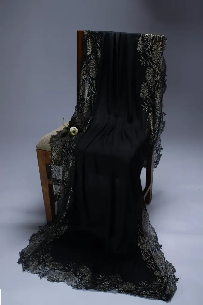 VIC Cashmere Silk Modal Stole – Black with 4-Side Metallic Lace, 70x200cm | Code: VIC-CSM-BLK-70200