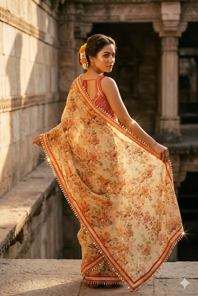 Buy Rust & Golden Beige Floral Silk Tissue Saree with Mirror Work Drop Border & Mirror Work Blouse | VICSR002