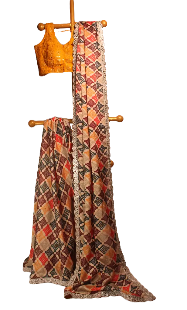 VIC Crepe Silk Multi Colour Bandhani Print Saree with Mirror Lace Border & Yellow Mirror Work Blouse Piece | Party Wear Designer Saree | VICSR005