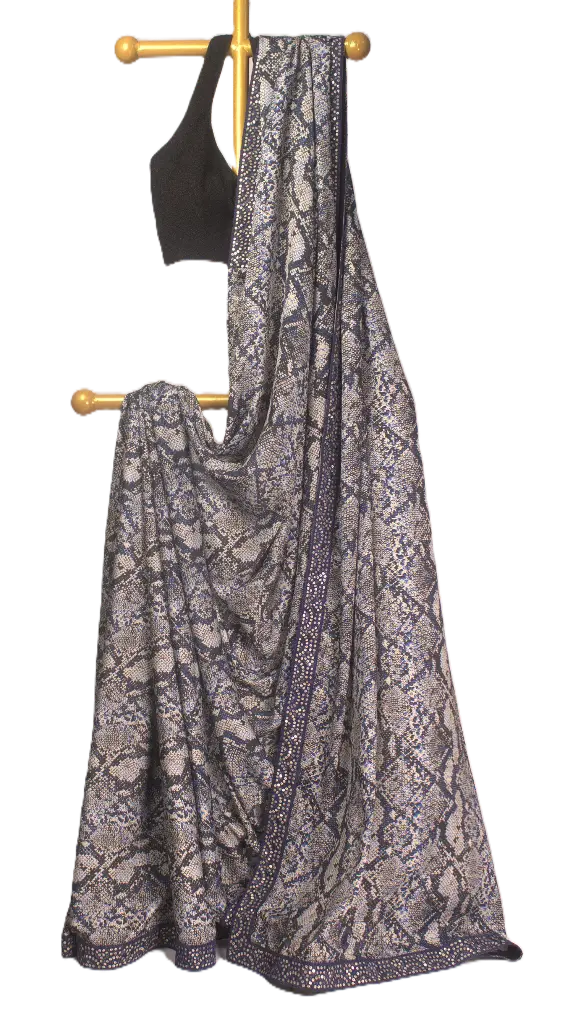 VIC Women's Bluish Grey Animal Print Satin Saree with Stone Lace Border & Black Blouse | Party Wear Designer Saree | Color: Bluish Grey & Black | VICSR006