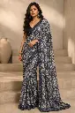 VIC Women's Bluish Grey Animal Print Satin Saree with Stone Lace Border & Black Blouse | Party Wear Designer Saree | Color: Bluish Grey & Black | VICSR006