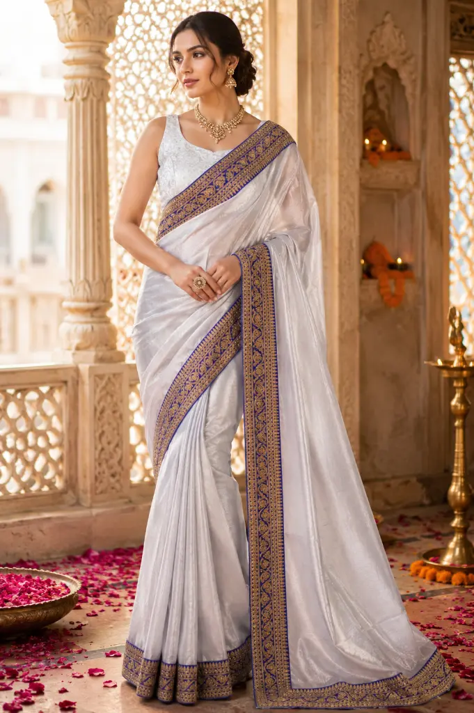 VIC Women's Silver Tissue Saree with Royal Blue Zari Border & Matching Blouse | Traditional Party Wear Designer Saree | Silver & Blue | VICSR007