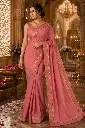 VIC Bubble Crepe Saree with Brocade Border & Brocade Blouse | Pink with Golden Zari | Elegant Party & Festive Wear | VICSR008