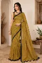 VIC Plain Mulmul Saree with Black Border & Tassel Detailing | Olive & Black | Running Blouse Included | VICSR010