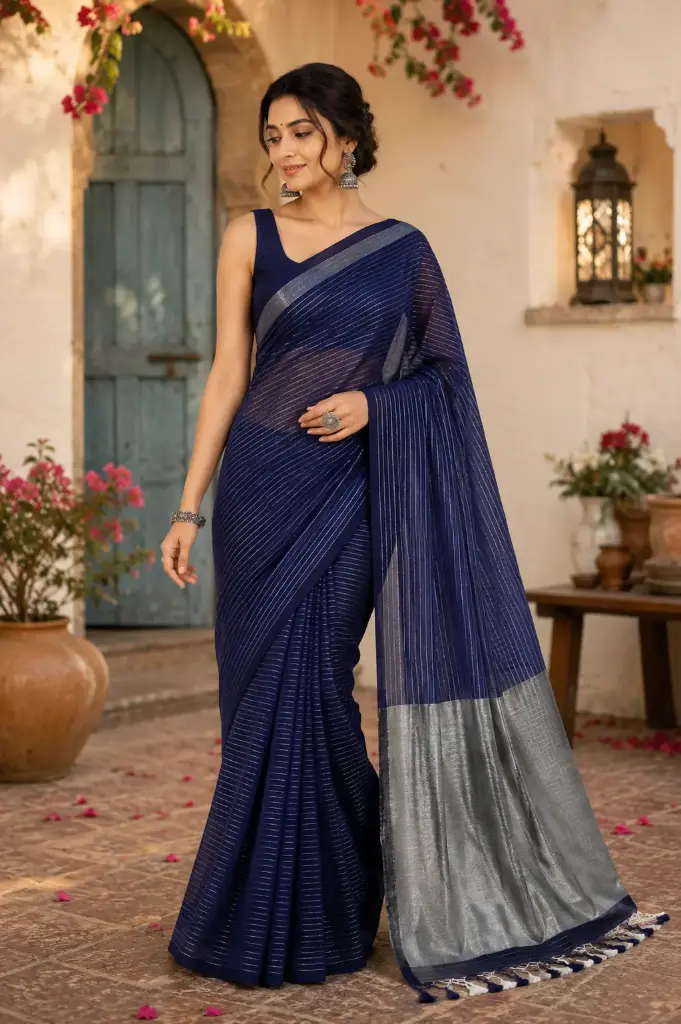 VIC Mulmul Cotton Navy Blue Saree with Silver Zari Pallu & Tassels | Soft Lightweight Ethnic Saree with Running Blouse Piece for Women | VICSR012