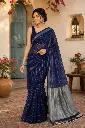 VIC Mulmul Cotton Navy Blue Saree with Silver Zari Pallu & Tassels | Soft Lightweight Ethnic Saree with Running Blouse Piece for Women | VICSR012