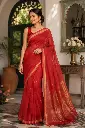 VIC Linen Silk Jamdani Saree with Golden Booti Work & Running Blouse | Red Saree with Golden Zari Detailing for Women | VICSR013