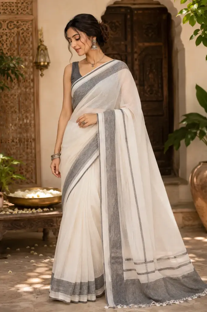 VIC Linen Black & White Striped Saree with Tassel Pallu and Running Blouse Piece | Lightweight Elegant Monochrome Saree for Women | Black & White | VICSR014
