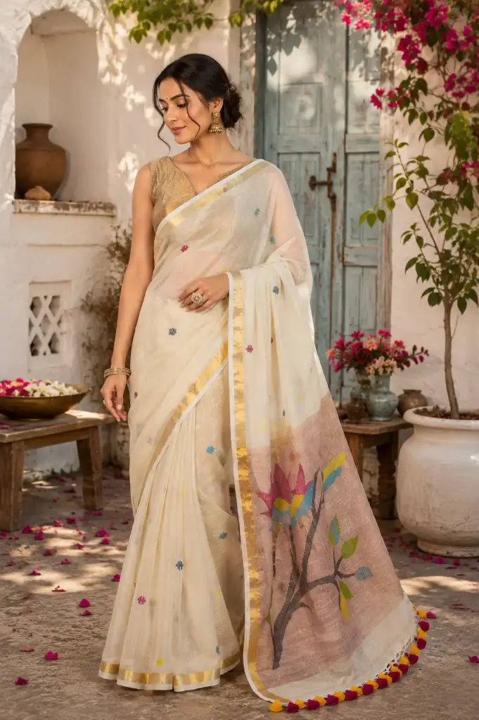 VIC Linen Paithani Handwoven Saree for Women – Off White Pure Linen Saree with Multicolor Woven Motifs, Golden Border & Handmade Tassels | Traditional Festive Ethnic Wear | VICSR015