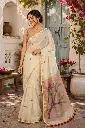 VIC Linen Paithani Handwoven Saree for Women – Off White Pure Linen Saree with Multicolor Woven Motifs, Golden Border & Handmade Tassels | Traditional Festive Ethnic Wear | VICSR015