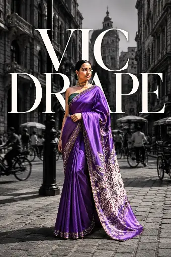 [VICSR001] VIC Exclusive Chanderi Silk Peacock Print Saree With Hand Work Bead & Sequin Embellishments | Purple-Blue-Green | VICSR001