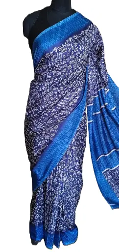 Buy Crepe Saree in Royal Blue & Navy – Screen Printed Floral Design, Premium Fabric | VICSRPC01