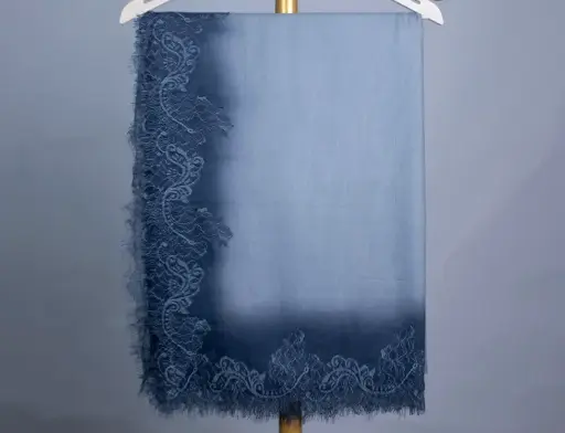 [VIC-CFW-OMB-FL-70200] VIC Cashmere Fine Wool Ombre Grey Blue Stole with 4-Side French Lace Border, Size 70x200 cm | Product Code: VIC-CFW-OMB-FL-70200