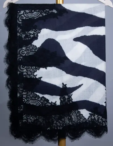 [VIC-CFW-DP-80200-BWS] VIC Cashmere Fine Wool Scarf – Digital Print, Black & White Stripe, 4-Side Lace | 80x200cm Shawl Wrap |