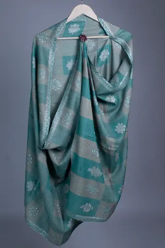 [VIC-CFW-CJB-GG-70200] VIC Cashmere Fine Wool Chinar Jk Booti Stole – Green & Grey, 70x200 cm | Code: VIC-CFW-CJB-GG-70200