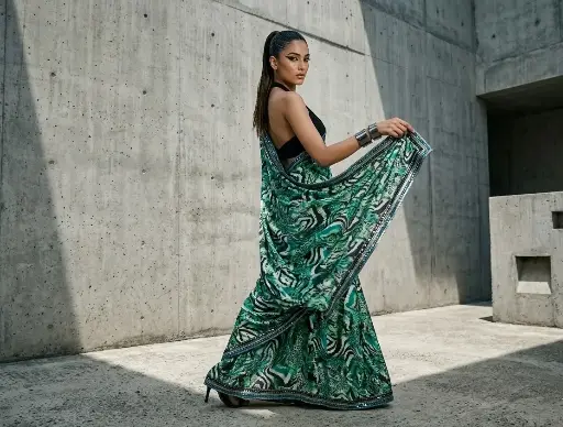 [VICSR004] VIC Crepe Satin Animal Print Saree with Double-Tone Mirror Work Border & Black Blouse | Black, Green & Teal | VICSR004