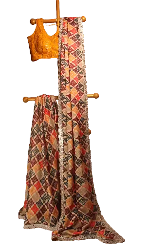 [VICSR005] VIC Crepe Silk Multi Colour Bandhani Print Saree with Mirror Lace Border & Yellow Mirror Work Blouse Piece | Party Wear Designer Saree | VICSR005
