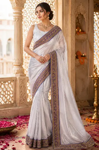 [VICSR007] VIC Women's Silver Tissue Saree with Royal Blue Zari Border & Matching Blouse | Traditional Party Wear Designer Saree | Silver & Blue | VICSR007