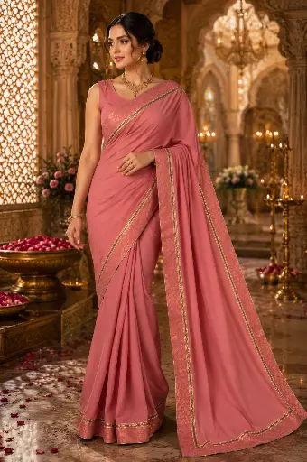 [VICSR008] VIC Bubble Crepe Saree with Brocade Border & Brocade Blouse | Pink with Golden Zari | Elegant Party & Festive Wear | VICSR008