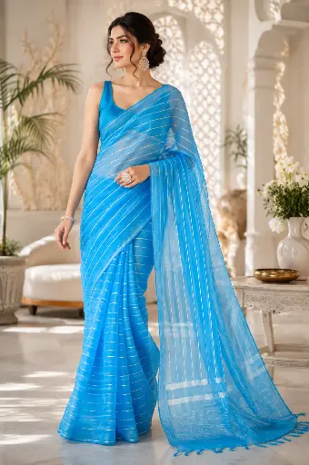 [VICSR009] VIC Organza Silk Saree with Self Stripes & Running Blouse Fabric | Turquoise Blue | Lightweight Elegant Party Wear | VICSR009