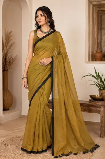[VICSR010] VIC Plain Mulmul Saree with Black Border & Tassel Detailing | Olive & Black | Running Blouse Included | VICSR010