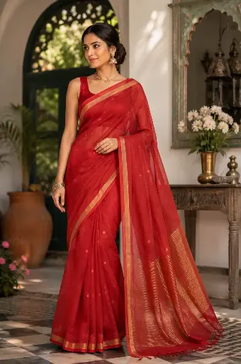 [VICSR013] VIC Linen Silk Jamdani Saree with Golden Booti Work & Running Blouse | Red Saree with Golden Zari Detailing for Women | VICSR013